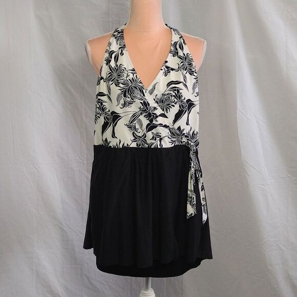 Apt 9 Black White Floral Halter Wrap Front One Piece Swimsuit Dress XL - Picture 4 of 15